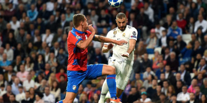 MADRID, SPAIN - OCTOBER 23: Karim Benzema of Real Madrid scores his team's first goal during the Group G match of the UEFA Champions League between Real Madrid and Viktoria Plzen at Bernabeu on October 23, 2018 in Madrid, Spain. (Photo by Denis Doyle/Getty Images)