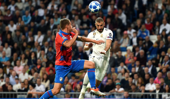 MADRID, SPAIN - OCTOBER 23: Karim Benzema of Real Madrid scores his team's first goal during the Group G match of the UEFA Champions League between Real Madrid and Viktoria Plzen at Bernabeu on October 23, 2018 in Madrid, Spain. (Photo by Denis Doyle/Getty Images)