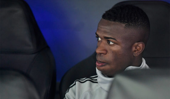 Real Madrid's Brazilian forward Vinicius Junior sits on the bench before the UEFA Champions League group G football match between Real Madrid CF and FC Viktoria Plzen at the Santiago Bernabeu stadium in Madrid on October 23, 2018. (Photo by JAVIER SORIANO / AFP) (Photo credit should read JAVIER SORIANO/AFP/Getty Images)