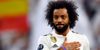 Real Madrid's Brazilian defender Marcelo celebrates scoring his team's second goal during the UEFA Champions League group G football match between Real Madrid CF and FC Viktoria Plzen at the Santiago Bernabeu stadium in Madrid on October 23, 2018. (Photo by GABRIEL BOUYS / AFP) (Photo credit should read GABRIEL BOUYS/AFP/Getty Images)