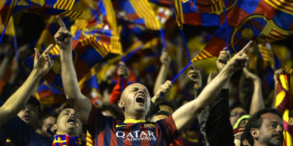 Barcelona's football fans react during the Spanish Copa del Rey (King's Cup) final "Clasico" football match FC Barcelona vs Real Madrid CF at the Mestalla stadium in Valencia on April 16, 2014. AFP PHOTO/ LLUIS GENE (Photo credit should read LLUIS GENE/AFP/Getty Images)