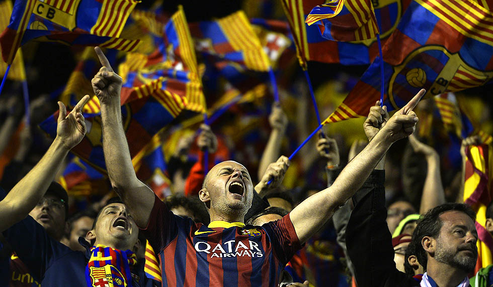 Barcelona's football fans react during the Spanish Copa del Rey (King's Cup) final "Clasico" football match FC Barcelona vs Real Madrid CF at the Mestalla stadium in Valencia on April 16, 2014. AFP PHOTO/ LLUIS GENE (Photo credit should read LLUIS GENE/AFP/Getty Images)