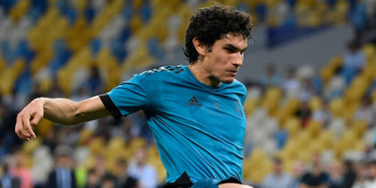 Real Madrid's Spanish defender Jesus Vallejo kicks the ball during a team's training session at the Olympic Stadium in Kiev, Ukraine on May 25, 2018, on the eve of the UEFA Champions League final football match between Liverpool and Real Madrid. (Photo by LLUIS GENE / AFP) (Photo credit should read LLUIS GENE/AFP/Getty Images)