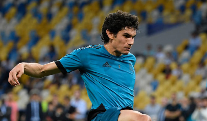 Real Madrid's Spanish defender Jesus Vallejo kicks the ball during a team's training session at the Olympic Stadium in Kiev, Ukraine on May 25, 2018, on the eve of the UEFA Champions League final football match between Liverpool and Real Madrid. (Photo by LLUIS GENE / AFP) (Photo credit should read LLUIS GENE/AFP/Getty Images)