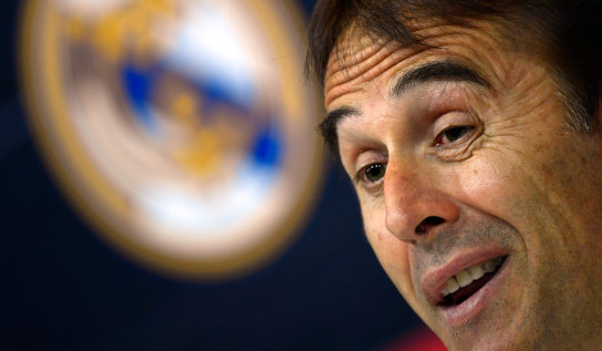 Real Madrid's Spanish coach Julen Lopetegui holds a press conference at the Ciudad Real Madrid training facilities in Madrid's suburb of Valdebebas, on October 27, 2018 on the eve of the Spanish League "Clasico" football match Real Madrid CF vs FC Barcelona. (Photo by GABRIEL BOUYS / AFP) (Photo credit should read GABRIEL BOUYS/AFP/Getty Images)