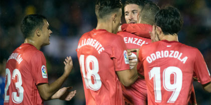 Real Madrid's Spanish defender Sergio Ramos (C) congratulates Real Madrid's French forward Karim Benzema (2R) for his goal during the Spanish King's Cup (Copa del Rey) football match between UD Melilla and Real Madrid CF at the Alvarez Claro municipal stadium in the autonomous city of Melilla on October 31, 2018. (Photo by JORGE GUERRERO / AFP) (Photo credit should read JORGE GUERRERO/AFP/Getty Images)