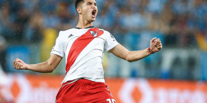 PORTO ALEGRE, BRAZIL - OCTOBER 30: Exequiel Palacios of River Plate celebrates the first goal of his team scored by Rafael Santos Borre (not in frame) during the match against Gremio as part of Copa Conmebol Libertadores 2018 at Arena do Gremio on October 30, 2018, in Porto Alegre, Brazil. (Photo by Lucas Uebel/Getty Images)