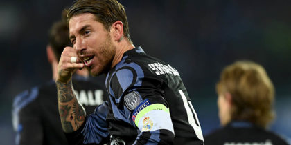 Real Madrid's defender Sergio Ramos celebrates after scoring during the UEFA Champions League football match SSC Napoli vs Real Madrid on March 7, 2017 at the San Paolo stadium in Naples. / AFP PHOTO / Filippo MONTEFORTE (Photo credit should read FILIPPO MONTEFORTE/AFP/Getty Images)