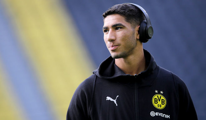 DORTMUND, GERMANY - OCTOBER 27: Achraf Hakimi of Dortmund looks on during the Bundesliga match between Borussia Dortmund and Hertha BSC at Signal Iduna Park on October 27, 2018 in Dortmund, Germany. The match between Dortmund and Berlin ended 2-2. (Photo by Christof Koepsel/Bongarts/Getty Images)