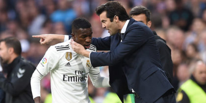 MADRID, SPAIN - NOVEMBER 03: Vinicius Junior of Real Madrid celebrates with his coach Santiago Solari after scoring their opening goal during the La Liga match between Real Madrid CF and Real Valladolid CF at Estadio Santiago Bernabeu on November 03, 2018 in Madrid, Spain. (Photo by Denis Doyle/Getty Images)