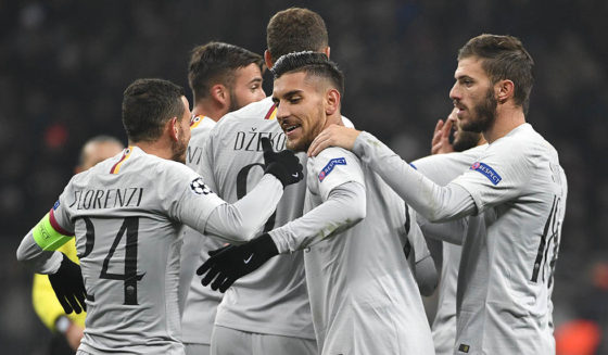 AS Roma Italian midfielder Lorenzo Pellegrini celebrates with teammates after scoring a goal during the UEFA Champions League group G football match between PFC CSKA Moscow and AS Roma at the Luzhniki stadium in Moscow on November 7, 2018. (Photo by Alexander NEMENOV / AFP) (Photo credit should read ALEXANDER NEMENOV/AFP/Getty Images)