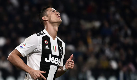 Juventus' Portuguese forward Cristiano Ronaldo reacts during the Italian Serie A football match Juventus vs Cagliari at the Juventus Allianz stadium in Turin, on November 3, 2018. (Photo by MARCO BERTORELLO / AFP) (Photo credit should read MARCO BERTORELLO/AFP/Getty Images)