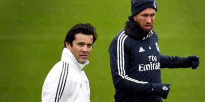 Temporary coach of Real Madrid CF, Argentinian former player Santiago Solari (L) and Real Madrid's Spanish defender Sergio Ramos attend a training session at the Ciudad Real Madrid training facilities in Madrid's suburb of Valdebebas, on October 30, 2018. - Santiago Solari has been put in temporary charge of Real Madrid after Julen Lopetegui was sacked on October 29, 2018. Solari was the coach of Madrid's B team, Castilla, and is now expected to take Madrid for their Copa del Rey game against Melilla tomorrow. (Photo by GABRIEL BOUYS / AFP) (Photo credit should read GABRIEL BOUYS/AFP/Getty Images)