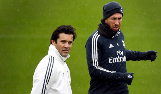Temporary coach of Real Madrid CF, Argentinian former player Santiago Solari (L) and Real Madrid's Spanish defender Sergio Ramos attend a training session at the Ciudad Real Madrid training facilities in Madrid's suburb of Valdebebas, on October 30, 2018. - Santiago Solari has been put in temporary charge of Real Madrid after Julen Lopetegui was sacked on October 29, 2018. Solari was the coach of Madrid's B team, Castilla, and is now expected to take Madrid for their Copa del Rey game against Melilla tomorrow. (Photo by GABRIEL BOUYS / AFP) (Photo credit should read GABRIEL BOUYS/AFP/Getty Images)