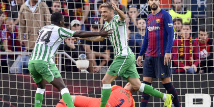 Real Betis' Spanish midfielder Joaquin (C) celebrates scoring his team's second goal during the Spanish league football match between FC Barcelona and Real Betis at the Camp Nou stadium in Barcelona on November 11, 2018. (Photo by Josep LAGO / AFP) (Photo credit should read JOSEP LAGO/AFP/Getty Images)