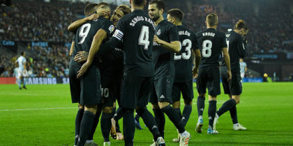 VIGO, SPAIN - NOVEMBER 11: Karim Benzema of Real Madrid celebrate with team mates after scores the first goal during the La Liga match between RC Celta de Vigo and Real Madrid CF at Abanca-Balaidos on November 11, 2018 in Vigo, Spain. (Photo by Octavio Passos/Getty Images)