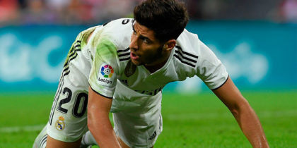 Real Madrid's Spanish midfielder Marco Asensio reacts during the Spanish league football match between Athletic Club Bilbao and Real Madrid CF at the San Mames stadium in Bilbao on September 15, 2018. (Photo by LLUIS GENE / AFP) (Photo credit should read LLUIS GENE/AFP/Getty Images)