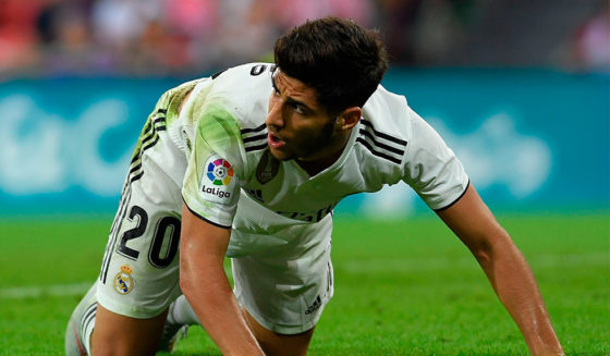 Real Madrid's Spanish midfielder Marco Asensio reacts during the Spanish league football match between Athletic Club Bilbao and Real Madrid CF at the San Mames stadium in Bilbao on September 15, 2018. (Photo by LLUIS GENE / AFP) (Photo credit should read LLUIS GENE/AFP/Getty Images)
