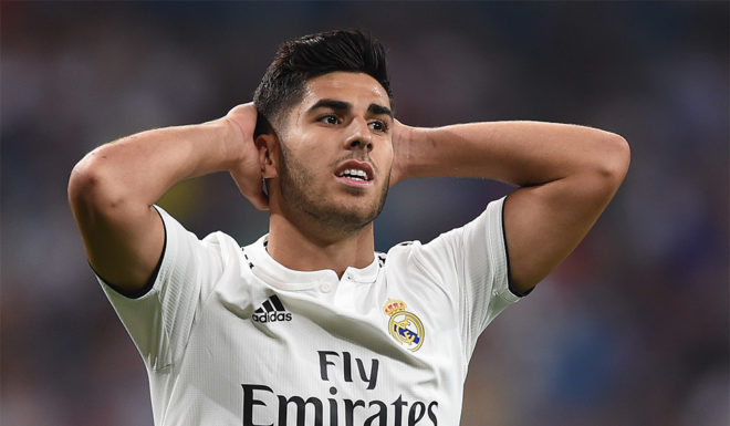 MADRID, SPAIN - AUGUST 19: Marco Asensio of Real Madrid reacts during the La Liga match between Real Madrid CF and Getafe CF at Estadio Santiago Bernabeu on August 19, 2018 in Madrid, Spain. (Photo by Denis Doyle/Getty Images)