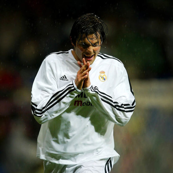 MADRID, SPAIN - DECEMBER 9: Santiago Hernan Solari of Madrid celebrates`after scoring during the UEFA Champions League Group F match between Real Madrid and FC Porto at Bernabeu on December 9, 2003 in Madrid, Spain. (Photo by Ross Kinnaird/Getty Images)