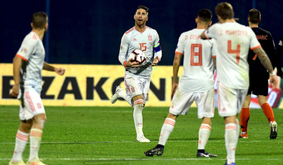 Spain's defender Sergio Ramos (C) talks to team mates after he scored a goal during the UEFA Nations League football match between Croatia and Spain at the Maksimir Stadium in Zagreb on November 15, 2108. (Photo by - / AFP) (Photo credit should read -/AFP/Getty Images)