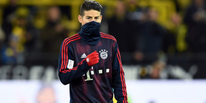 Bayern Munich's Colombian James Rodriguez attends the warm up prior the German first division Bundesliga football match BVB Borussia Dortmund v FC Bayern Munich in Dortmund, western Germany, on November 10, 2018. (Photo by Christof STACHE / AFP) (Photo credit should read CHRISTOF STACHE/AFP/Getty Images)