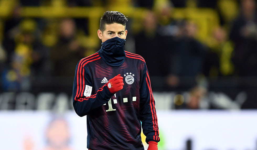 Bayern Munich's Colombian James Rodriguez attends the warm up prior the German first division Bundesliga football match BVB Borussia Dortmund v FC Bayern Munich in Dortmund, western Germany, on November 10, 2018. (Photo by Christof STACHE / AFP) (Photo credit should read CHRISTOF STACHE/AFP/Getty Images)