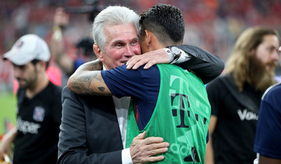 MUNICH, GERMANY - AUGUST 28: Jupp Heynckes (L), former coach of Muenchen hugs James before the Friendly Match between FC Bayern Muenchen and Chicago Fire at Allianz Arena on August 28, 2018 in Munich, Germany. (Photo by Adam Pretty/Bongarts/Getty Images,)