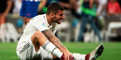 Real Madrid's Spanish midfielder Daniel Ceballos gestures in pain after the Spanish league football match between Real Madrid CF and Club Atletico de Madrid at the Santiago Bernabeu stadium in Madrid on September 29, 2018. (Photo by CURTO DE LA TORRE / AFP) (Photo credit should read CURTO DE LA TORRE/AFP/Getty Images)