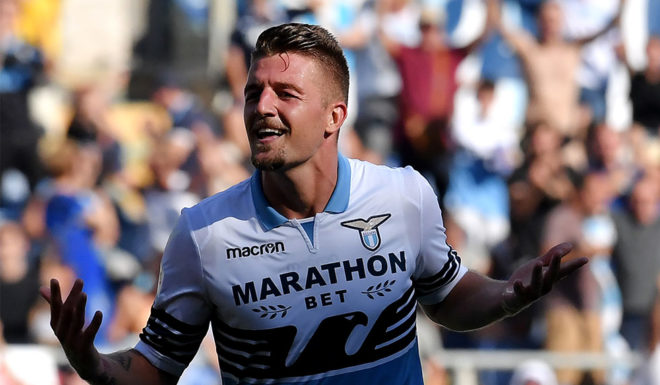 Lazio's Serbian midfielder Sergej Milinkovic-Savic celebrates after scoring a goal during the Italian Serie A football match between SS Lazio and Genoa CFC at the Olympic Stadium in Rome on September 23, 2018. (Photo by Tiziana FABI / AFP) (Photo credit should read TIZIANA FABI/AFP/Getty Images)