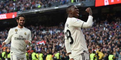 MADRID, SPAIN - NOVEMBER 03: Vinicius Junior of Real Madrid celebrates after scoring their opening goal during the La Liga match between Real Madrid CF and Real Valladolid CF at Estadio Santiago Bernabeu on November 03, 2018 in Madrid, Spain. (Photo by Denis Doyle/Getty Images)