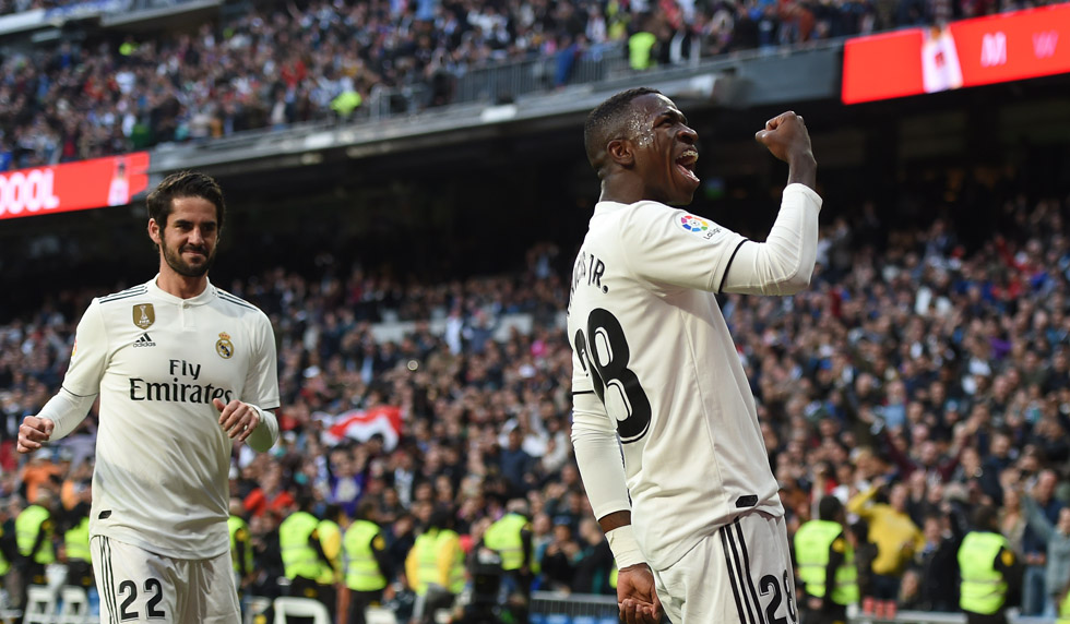 MADRID, SPAIN - NOVEMBER 03: Vinicius Junior of Real Madrid celebrates after scoring their opening goal during the La Liga match between Real Madrid CF and Real Valladolid CF at Estadio Santiago Bernabeu on November 03, 2018 in Madrid, Spain. (Photo by Denis Doyle/Getty Images)