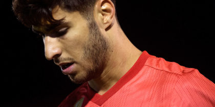 Real Madrid's Spanish midfielder Marco Asensio looks downwards during the Spanish King's Cup football match between UD Melilla and Real Madrid CF at the Alvarez Claro municipal stadium in the autonomous city of Melilla on October 31, 2018. (Photo by JORGE GUERRERO / AFP) (Photo credit should read JORGE GUERRERO/AFP/Getty Images)