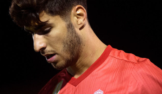 Real Madrid's Spanish midfielder Marco Asensio looks downwards during the Spanish King's Cup football match between UD Melilla and Real Madrid CF at the Alvarez Claro municipal stadium in the autonomous city of Melilla on October 31, 2018. (Photo by JORGE GUERRERO / AFP) (Photo credit should read JORGE GUERRERO/AFP/Getty Images)