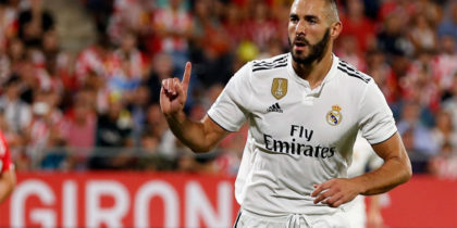 Real Madrid's French forward Karim Benzema celebrates a goal during the Spanish league football match between Girona FC and Real Madrid CF at the Montilivi stadium in Girona on August 26, 2018. (Photo by Pau BARRENA CAPILLA / AFP) (Photo credit should read PAU BARRENA CAPILLA/AFP/Getty Images)
