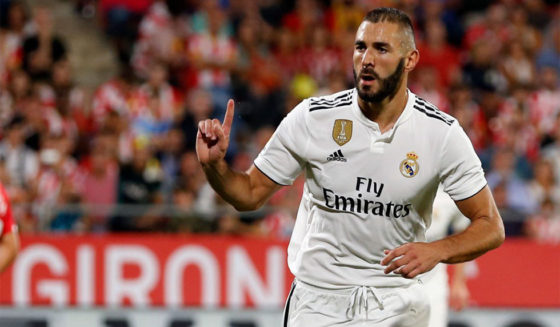 Real Madrid's French forward Karim Benzema celebrates a goal during the Spanish league football match between Girona FC and Real Madrid CF at the Montilivi stadium in Girona on August 26, 2018. (Photo by Pau BARRENA CAPILLA / AFP) (Photo credit should read PAU BARRENA CAPILLA/AFP/Getty Images)