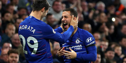 LONDON, ENGLAND - NOVEMBER 04: Alvaro Morata of Chelsea celebrates with teammate Eden Hazard after scoring his team's second goal during the Premier League match between Chelsea FC and Crystal Palace at Stamford Bridge on November 4, 2018 in London, United Kingdom. (Photo by Catherine Ivill/Getty Images)