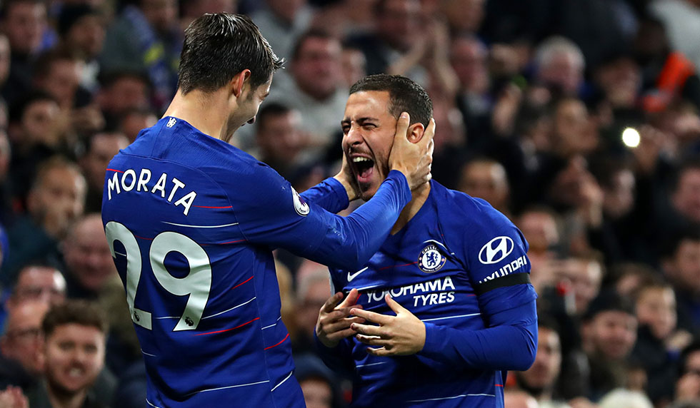 LONDON, ENGLAND - NOVEMBER 04: Alvaro Morata of Chelsea celebrates with teammate Eden Hazard after scoring his team's second goal during the Premier League match between Chelsea FC and Crystal Palace at Stamford Bridge on November 4, 2018 in London, United Kingdom. (Photo by Catherine Ivill/Getty Images)