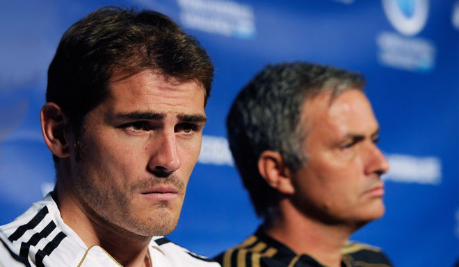 LOS ANGELES, CA - JULY 12: Real Madrid players Cristiano Ronaldo (L) goalkeeper Iker Casillas (C) and coach Jose Mourinho during a news conference to announce the Herbalife World Football Challange 2011 friendly soccer torunament between 13 european and US soccer clubs on July 12, 2011 in Los Angeles, California. The Los Angeles Galaxy will play Real Madrid in a friendly soccer match on Saturday. (Photo by Kevork Djansezian/Getty Images)