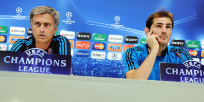 MADRID, SPAIN - OCTOBER 17: Head coach Jose Mourinho (L) of Real Madrid and goalkeeper Iker Casillas listen to questions from the media during a press conference ahead of their UEFA Champions League group D match against Lyon at the Valdebebas training ground on October 17, 2011 in Madrid, Spain. (Photo by Jasper Juinen/Getty Images)