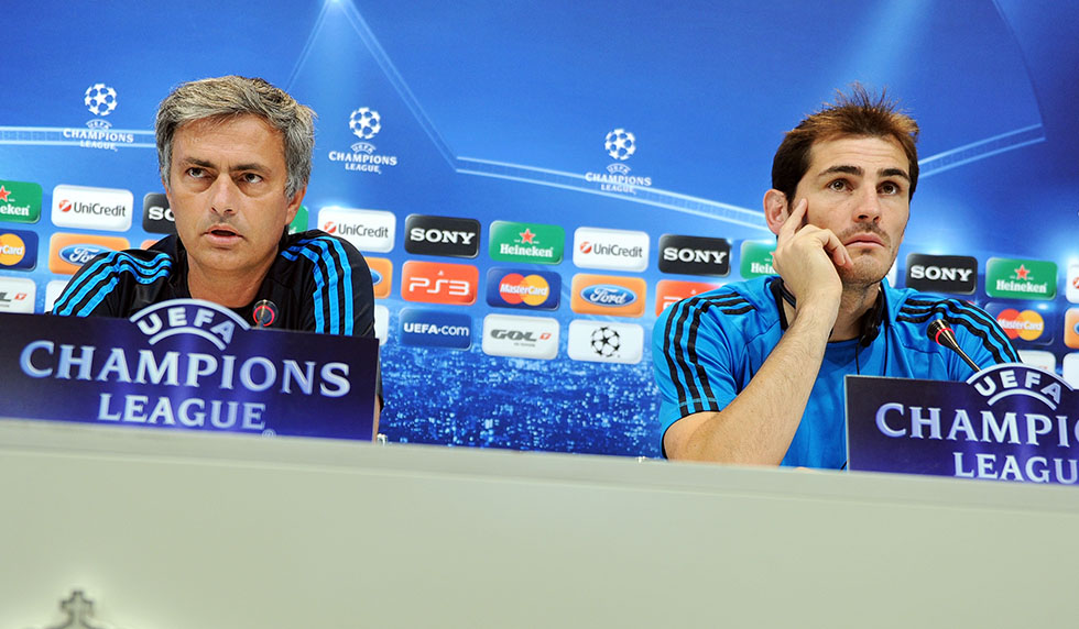 MADRID, SPAIN - OCTOBER 17: Head coach Jose Mourinho (L) of Real Madrid and goalkeeper Iker Casillas listen to questions from the media during a press conference ahead of their UEFA Champions League group D match against Lyon at the Valdebebas training ground on October 17, 2011 in Madrid, Spain. (Photo by Jasper Juinen/Getty Images)