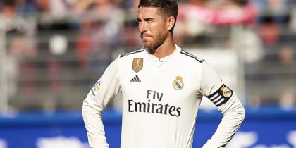 EIBAR, SPAIN - NOVEMBER 24: Sergio Ramos of Real Madrid reacts during the La Liga match between SD Eibar and Real Madrid CF at Ipurua Municipal Stadium on November 24, 2018 in Eibar, Spain. (Photo by Juan Manuel Serrano Arce/Getty Images)