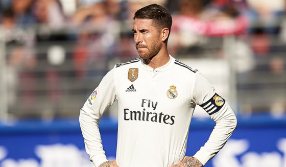 EIBAR, SPAIN - NOVEMBER 24: Sergio Ramos of Real Madrid reacts during the La Liga match between SD Eibar and Real Madrid CF at Ipurua Municipal Stadium on November 24, 2018 in Eibar, Spain. (Photo by Juan Manuel Serrano Arce/Getty Images)