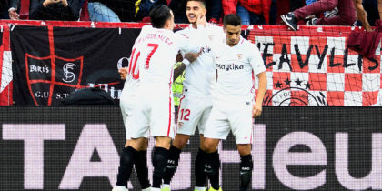 Sevilla's Portuguese forward Andre Silva (C) celebrates after scoring during the Spanish league football match Sevilla FC against Real Valladolid FC at the Ramon Sanchez Pizjuan stadium in Sevilla on November 25, 2018. (Photo by CRISTINA QUICLER / AFP) (Photo credit should read CRISTINA QUICLER/AFP/Getty Images)