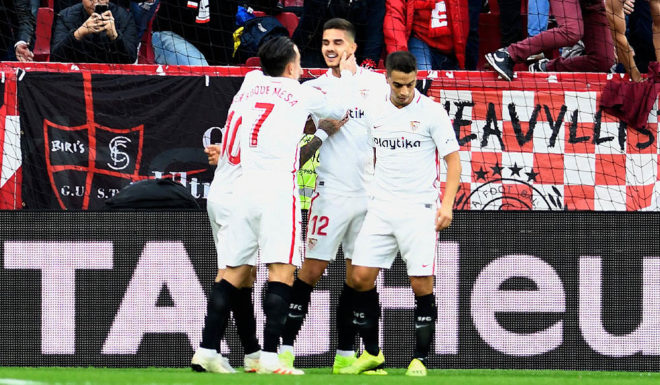Sevilla's Portuguese forward Andre Silva (C) celebrates after scoring during the Spanish league football match Sevilla FC against Real Valladolid FC at the Ramon Sanchez Pizjuan stadium in Sevilla on November 25, 2018. (Photo by CRISTINA QUICLER / AFP) (Photo credit should read CRISTINA QUICLER/AFP/Getty Images)