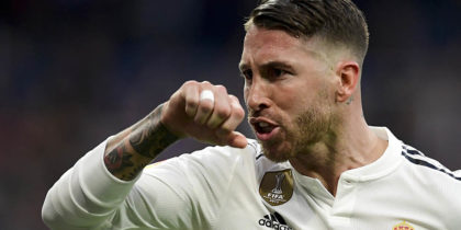 Real Madrid's Spanish defender Sergio Ramos celebrates scoring their second goal during the Spanish league football match between Real Madrid CF and Real Valladolid FC at the Santiago Bernabeu stadium in Madrid on November 3, 2018. (Photo by JAVIER SORIANO / AFP) (Photo credit should read JAVIER SORIANO/AFP/Getty Images)