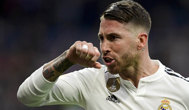 Real Madrid's Spanish defender Sergio Ramos celebrates scoring their second goal during the Spanish league football match between Real Madrid CF and Real Valladolid FC at the Santiago Bernabeu stadium in Madrid on November 3, 2018. (Photo by JAVIER SORIANO / AFP) (Photo credit should read JAVIER SORIANO/AFP/Getty Images)