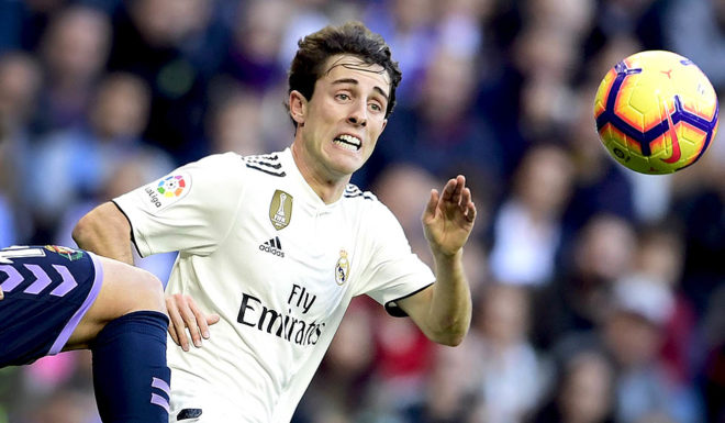 Real Madrid's Spanish defender Alvaro Odriozola eyes the ball during the Spanish league football match between Real Madrid CF and Real Valladolid FC at the Santiago Bernabeu stadium in Madrid on November 3, 2018. (Photo by JAVIER SORIANO / AFP) (Photo credit should read JAVIER SORIANO/AFP/Getty Images)