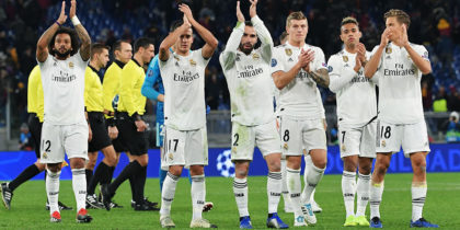 (From L) Real Madrid's Brazilian defender Marcelo, Real Madrid's Spanish midfielder Lucas Vazquez, Real Madrid's Spanish defender Dani Carvajal, Real Madrid's German midfielder Toni Kroos, Real Madrid's Spanish-Dominican forward Mariano, Real Madrid's Spanish miedfieder Marcos Llorente and Real Madrid's French defender Raphael Varane acknowledge the public at the end of the UEFA Champions League group G football match AS Rome vs Real Madrid on November 27, 2018 at the Olympic stadium in Rome. (Photo by Tiziana FABI / AFP) (Photo credit should read TIZIANA FABI/AFP/Getty Images)