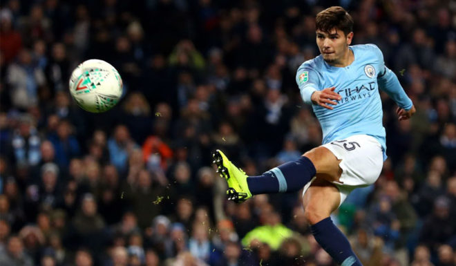 MANCHESTER, ENGLAND - NOVEMBER 01: Brahim Diaz of Manchester City scores his team's second goal during the Carabao Cup Fourth Round match between Manchester City and Fulham at Etihad Stadium on November 1, 2018 in Manchester, England. (Photo by Matthew Lewis/Getty Images)